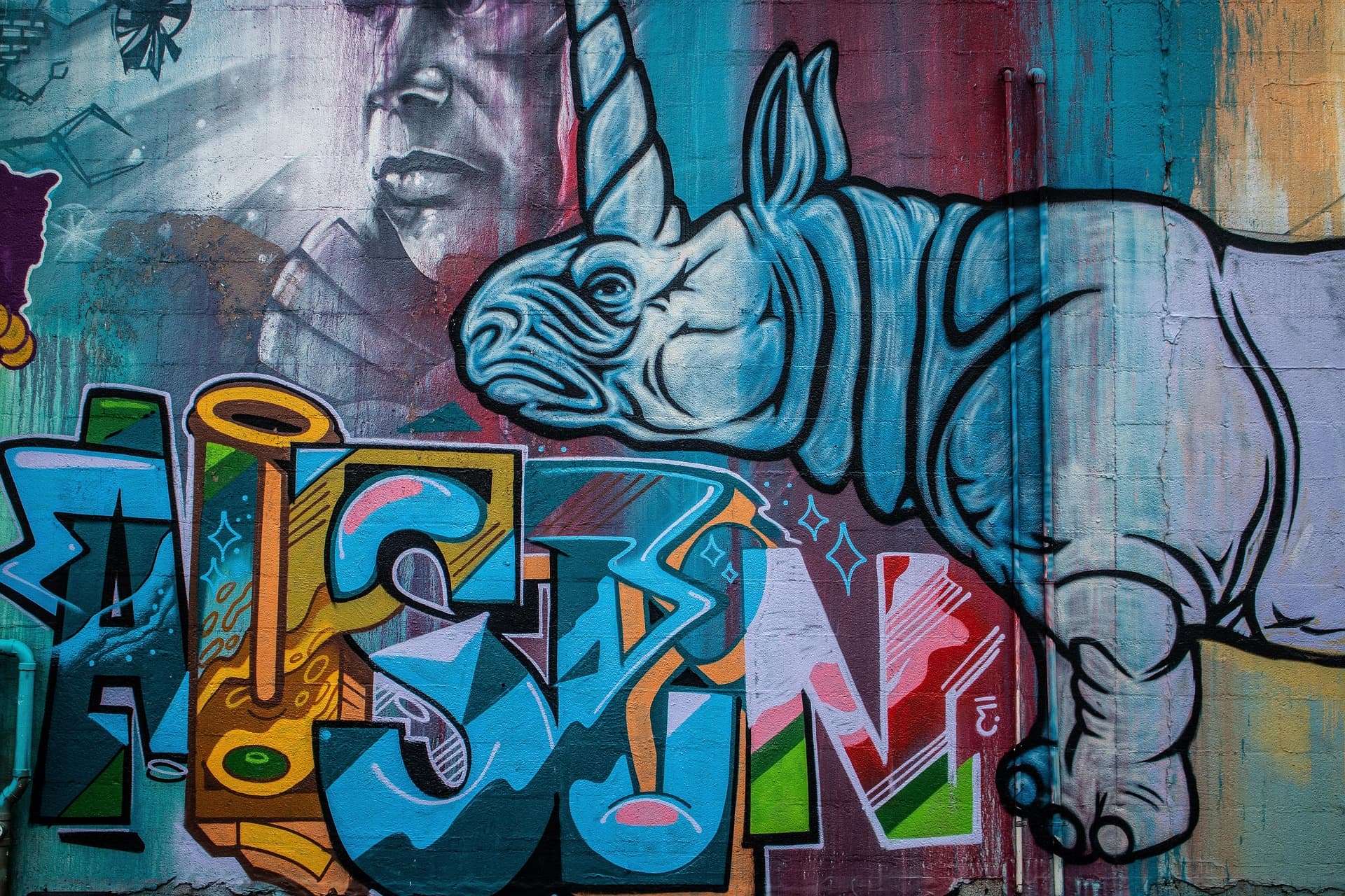 A colorful street-art mural of a rhino and bold graffiti lettering